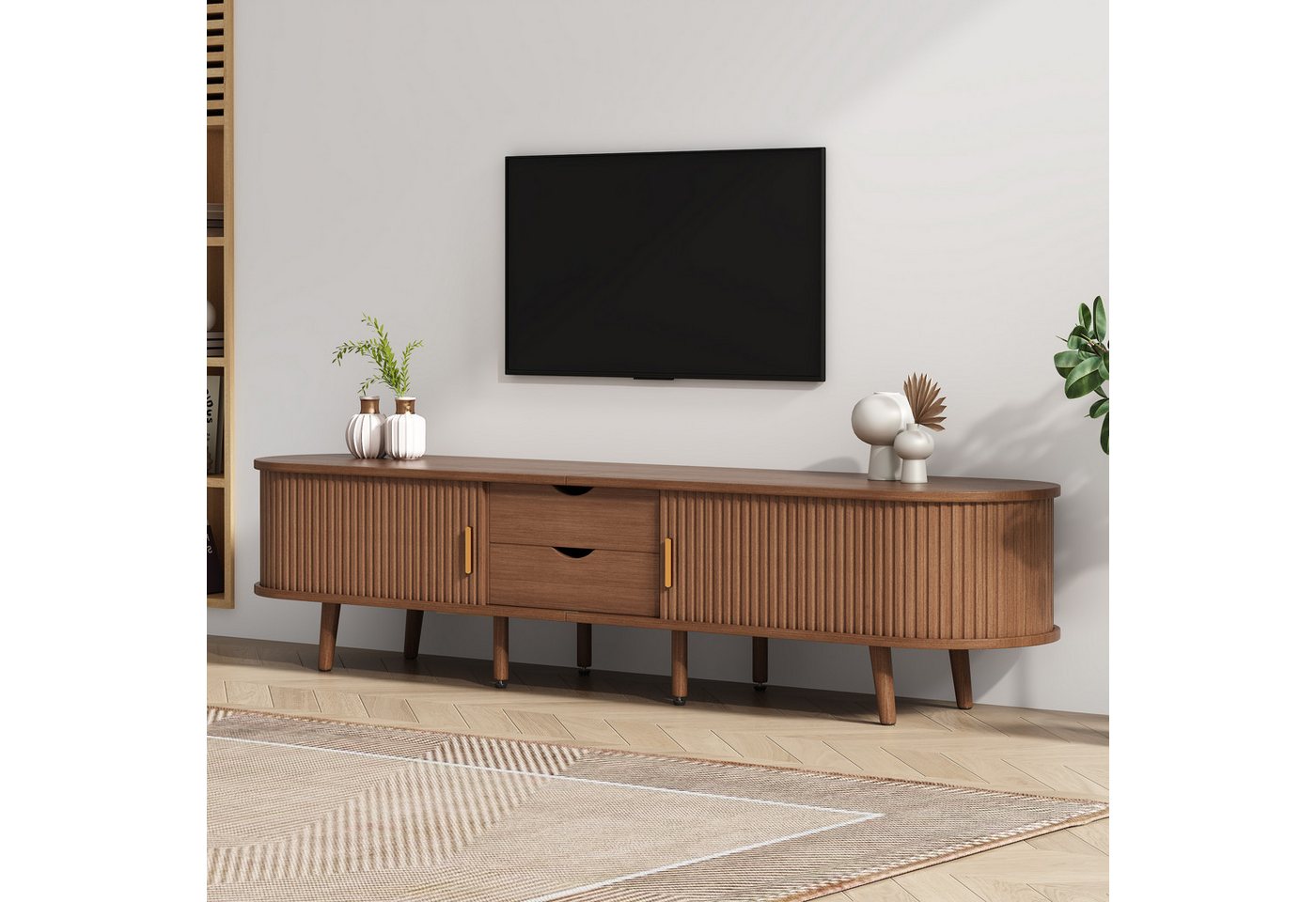 MODFU Lowboard TV-Schrank in Walnuss-MDF (Wohnzimmermöbel, TV-Panel, Fernsehschrank, Mehrzweckschrank, 1 St., 2 Schiebetüren, 2 Schubladen), mit geschwungene, vertikal geprägte Schiebetür von MODFU