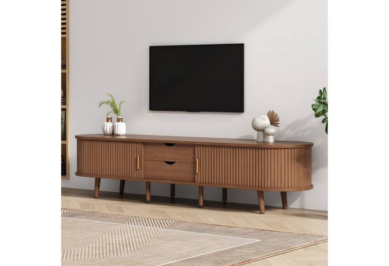 MODFU Lowboard TV-Schrank in Walnuss-MDF (Wohnzimmermöbel, TV-Panel, Fernsehschrank, Mehrzweckschrank, 1 St., 2 Schiebetüren, 2 Schubladen), mit geschwungene, vertikal geprägte Schiebetür von MODFU