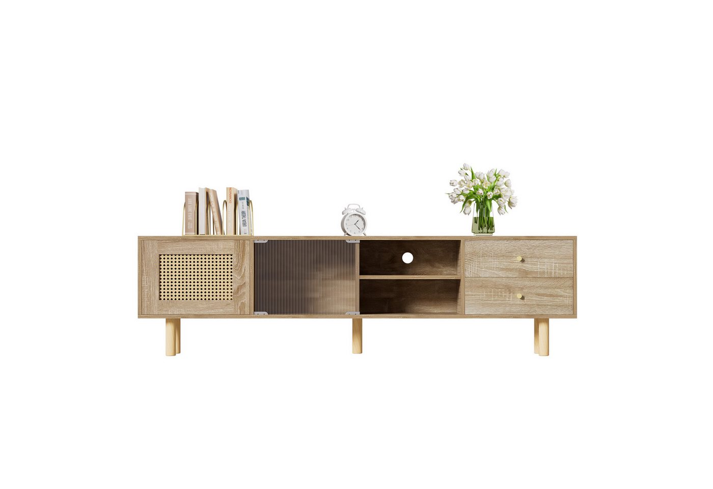 MODFU Lowboard Tv-Schrank (Fernsehtisch, TV-Board, 1 St., 2 Türen in Rattanoptik, 2 Schubladen), mit 6 Fächern,1 Glasschiebetüren,1 Rattantür von MODFU
