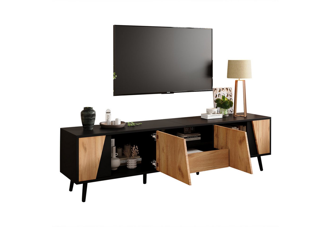 MODFU Lowboard hohe Tragfähigkeit (Fernsehtisch, Wohnzimmermöbel, 1 St., mit Schubladen und 2 Schränken), mit 6 Stützbeinen aus Massivholz von MODFU