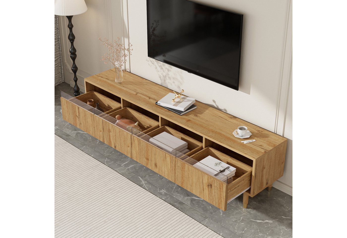 MODFU Lowboard in Holzoptik mit Acrylfronten, 178 cm Breite (Wohnzimmermöbel, TV-Board, 1 St., große Aufbewahrung, 4 Schubladen), aus MDF und Acryl von MODFU