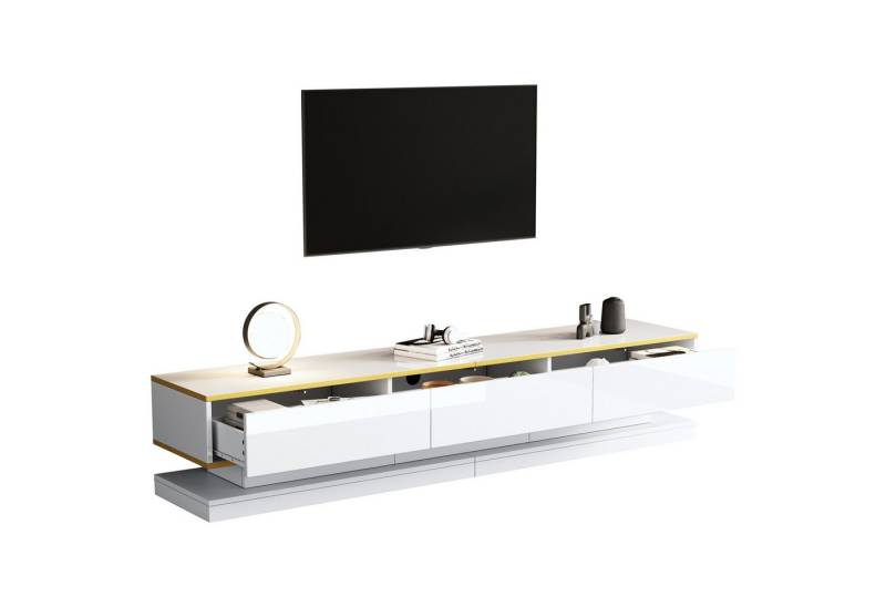 MODFU Lowboard in warmweißem Hochglanz (Fernsehtisch, Wohnzimmermöbel, 1 St., 3 Schubladen), mit goldener Kante von MODFU