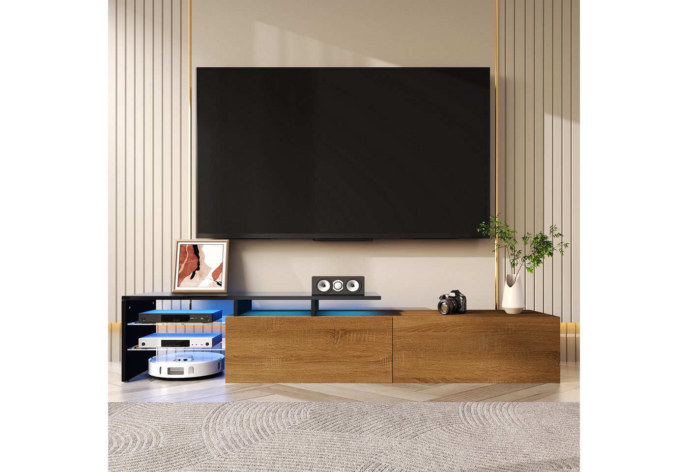 MODFU Lowboard mit 16-farbiger LED-Beleuchtung (170 L x 33 B x 33,5H cm, 1 St., mit Glasböden und Stauraum), mit klaren Linien Design von MODFU
