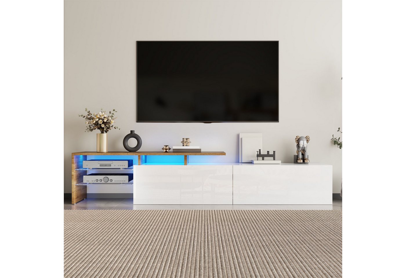 MODFU Lowboard mit 16-farbiger LED-Beleuchtung (170 L x 33 B x 33,5H cm, 1 St., mit Glasböden und Stauraum), mit klaren Linien Design von MODFU