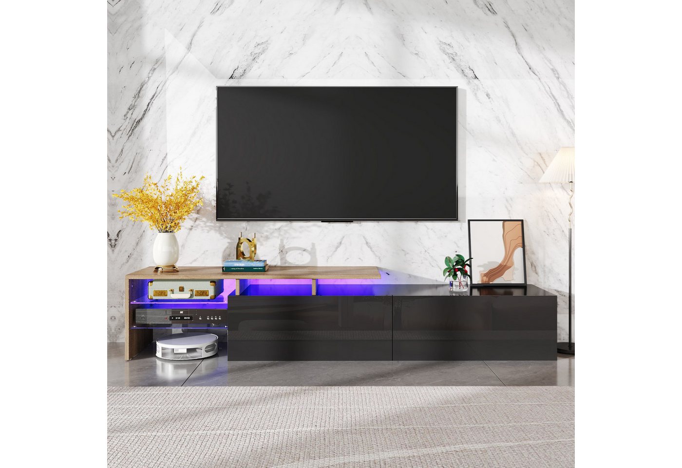MODFU Lowboard mit 16-farbiger LED-Beleuchtung (170 L x 33 B x 33,5H cm, 1 St., mit Glasböden und Stauraum), mit klaren Linien Design von MODFU