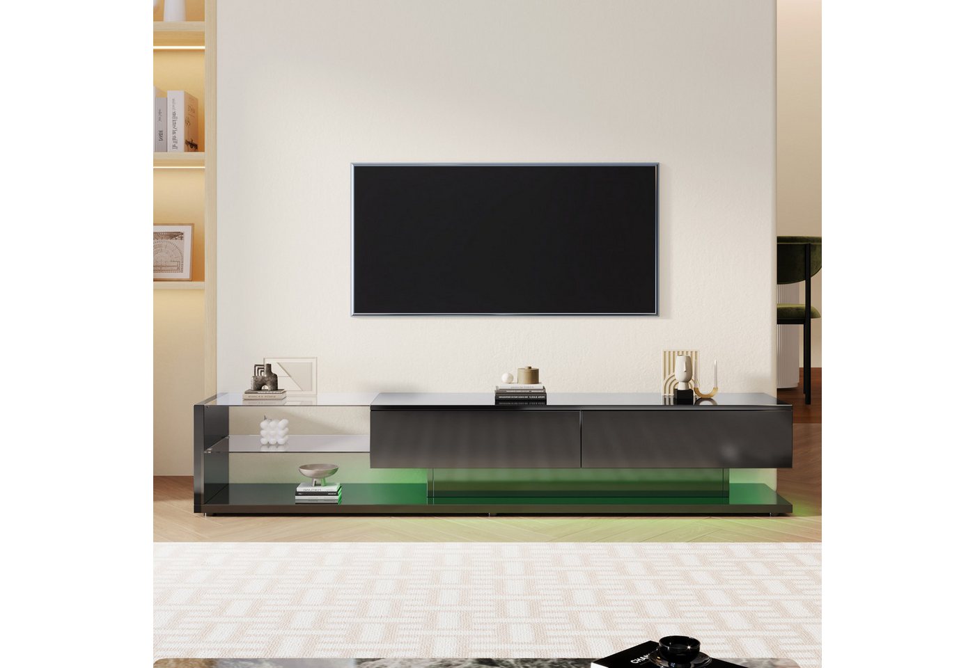 MODFU Lowboard TV-Schrank mit Glasablagen und Schubladen, Glastrennwände und variable LED-Beleuchtung von MODFU
