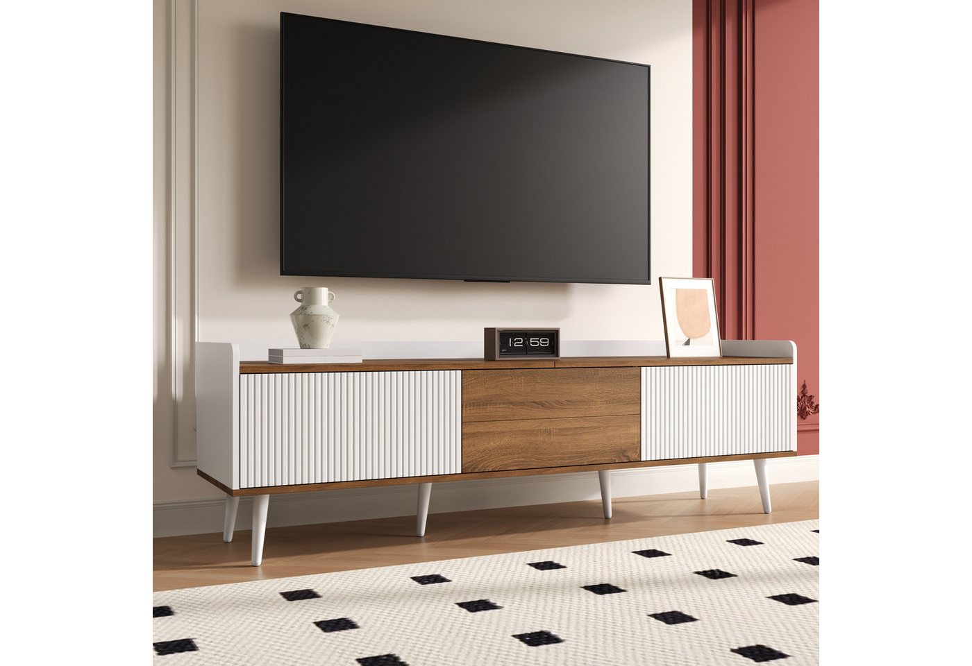 MODFU Lowboard mit großem Stauraum und erhöhter Oberkante (160 L x 39 W x 49,5 H, 1 St., Massivholzbeinen und Kippschutz), mit 3 kontrastierenden Türen von MODFU