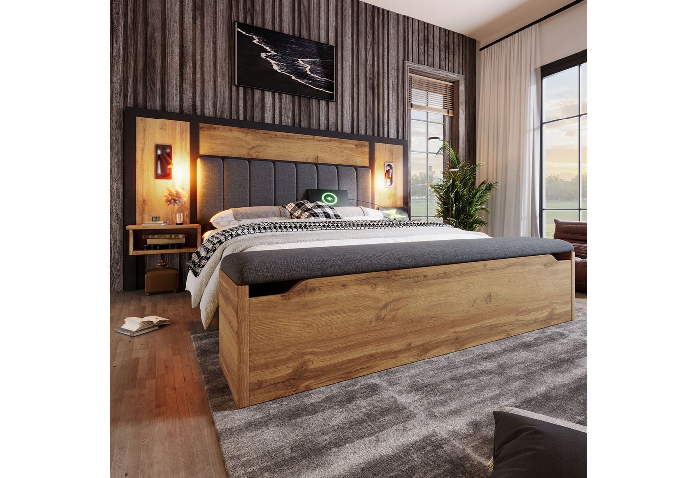 MODFU Massivholzbett Funktions Schlafzimmerbett Polsterbett (Struraumbett, Doppelbett, Funktionsbett, 2-tlg., 160×200cm, mit Matratze (H20cm), mit Leselampe und USB/Type-C Nachttisch und Sitzbank mit Stauraum von MODFU