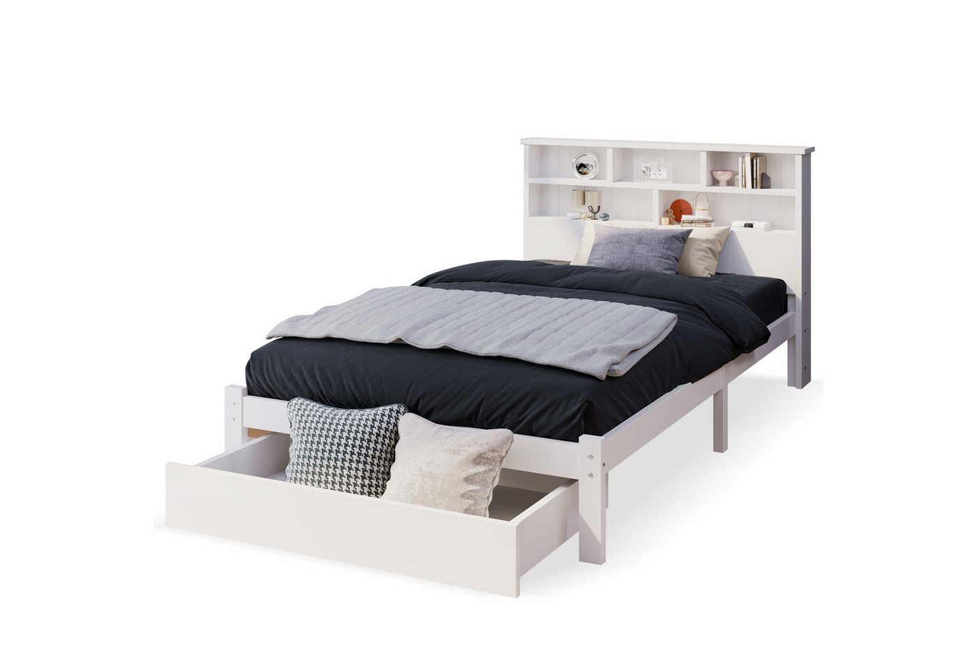 MODFU Massivholzbett Funktionsbett Stauraumbett mit Bücherregal (Jugendbett mit integriertem Regal, 90 x 200 cm ohne Matratze), mit Schubladen und Lattenrost,Bücherregal von MODFU