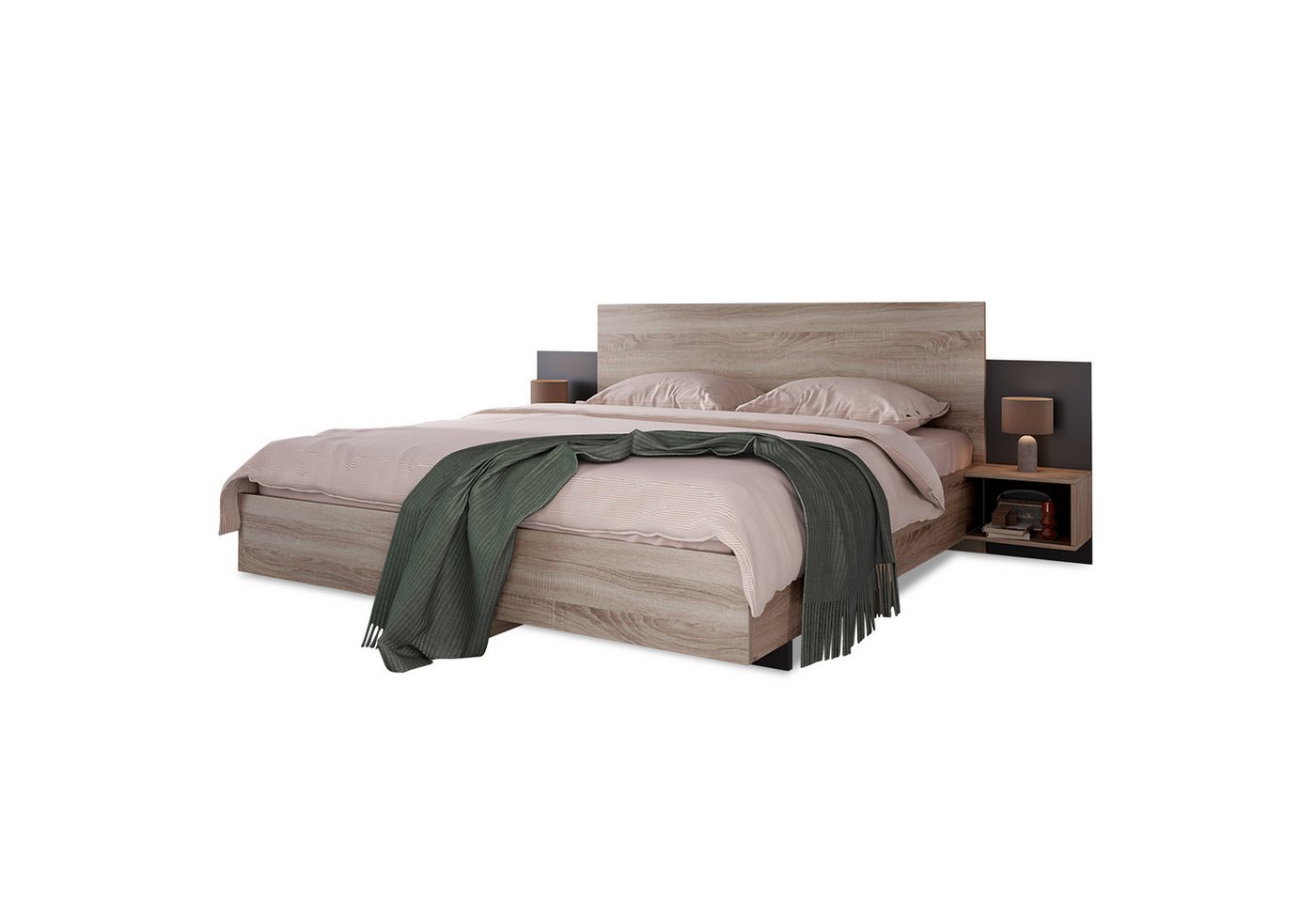 MODFU Massivholzbett Holzbett mit integriertem Nachttisch (160x200cm mit Lattenrost ohne Matratze, modernes Doppelbettgestell in Sonoma-Eiche und Schwarz), robust einfache Montage von MODFU