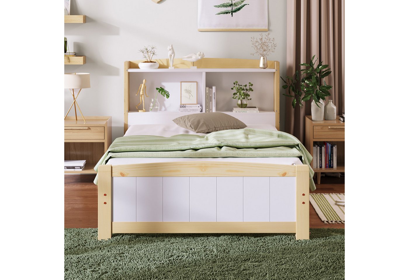 MODFU Massivholzbett ergonomisches Einzel- oder Doppelbett (Natur+Weiß 90x200cm), mit Lattenrost Und Kiefernholz von MODFU