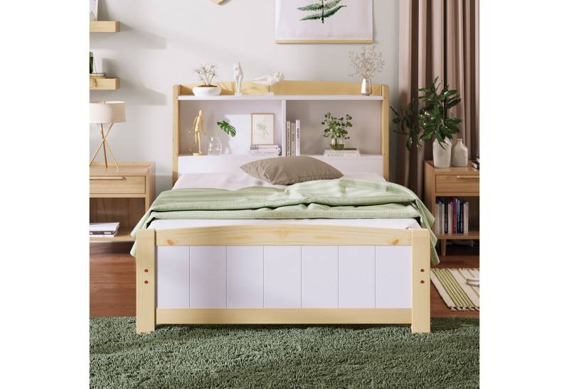 MODFU Massivholzbett ergonomisches Einzel- oder Doppelbett (Natur+Weiß 90x200cm), mit Lattenrost Und Kiefernholz von MODFU