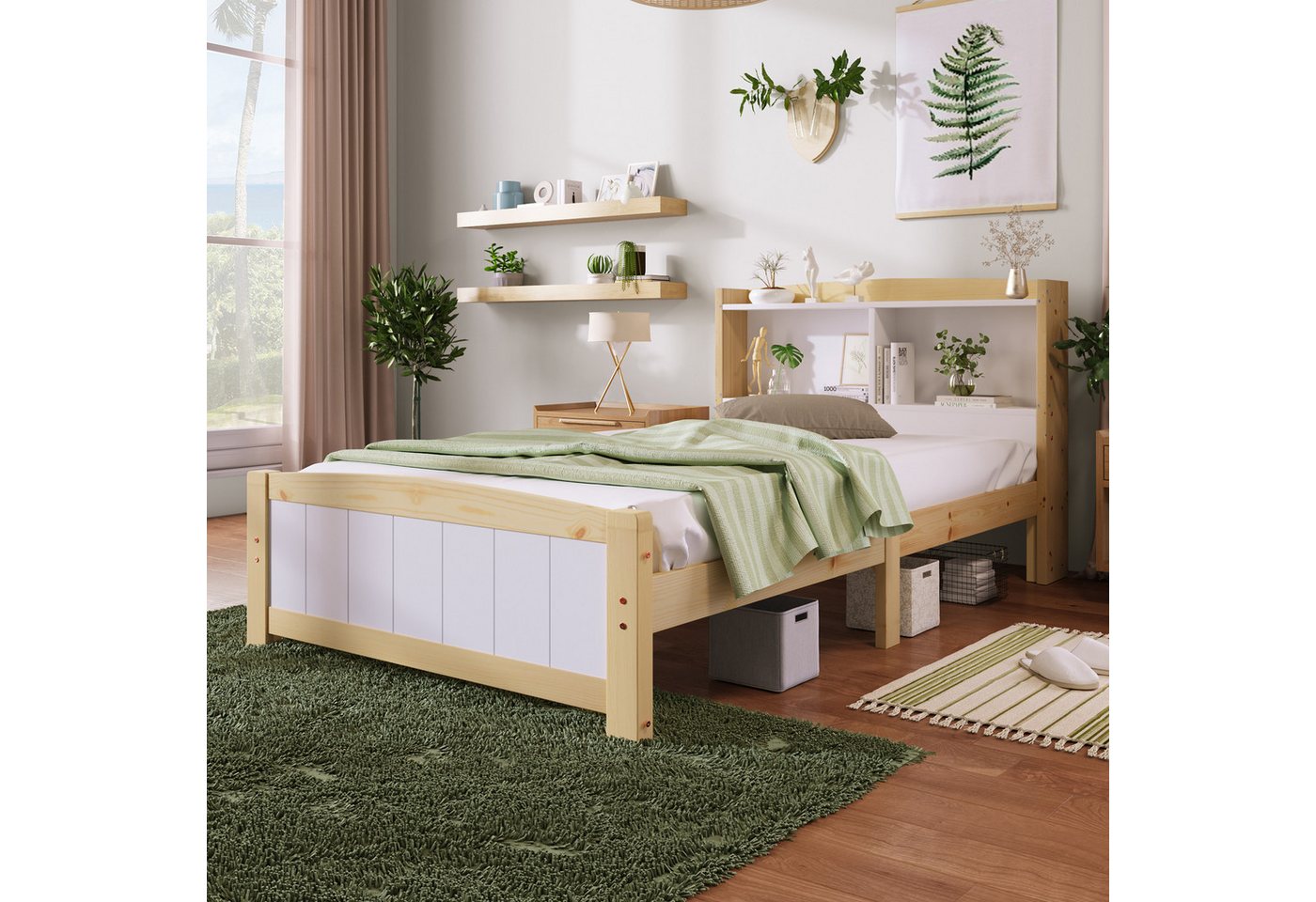 MODFU Massivholzbett ergonomisches Einzel- oder Doppelbett (Natur+Weiß 90x200cm, Inklusive-Matratze(H25cm), mit Lattenrost Und Kiefernholz von MODFU