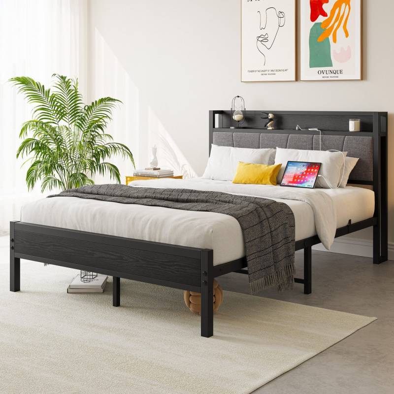 MODFU Metallbett Eisenbett mit funktionalem Kopfteil (Einfach zu montieren, kostengünstige Wahl, 2-tlg), Bis zu 200kg Tragkraft,90x200cm Inklusive Matratze von MODFU