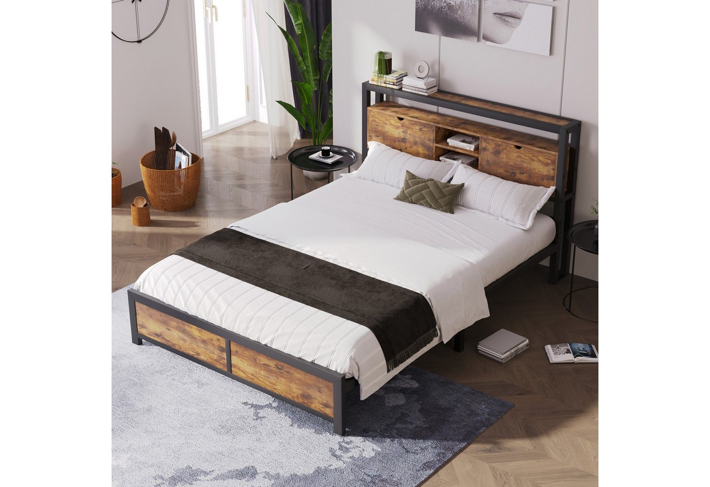 MODFU Metallbett Jugendbetten mit Stauraum-Kopfteil und Metall Lattenrost, Schwarz Industrielles Bett von MODFU