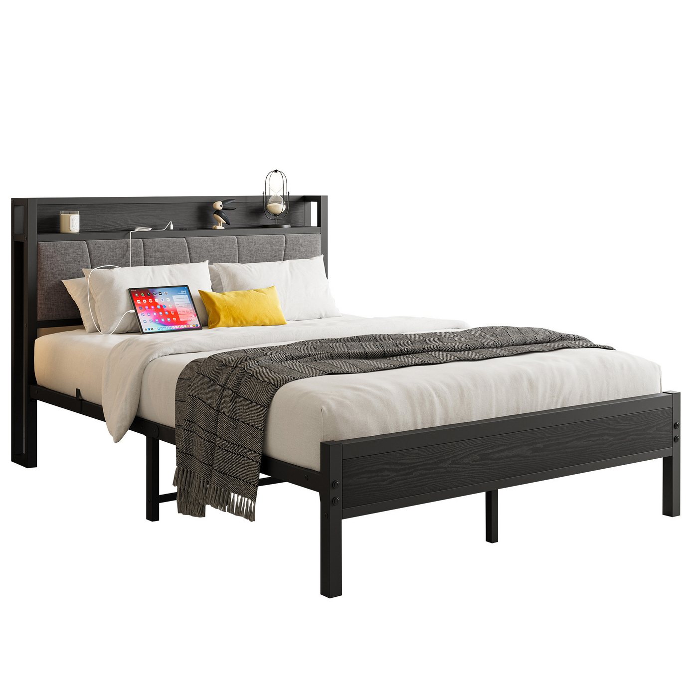 MODFU Metallbett Robustes und stabiles Design – Bis zu 180kgTragkraft (mit 2 Steckdosen, 2 USB-Ladeanschlüssen, 140x200cm ohne Matratze), Geeignet für Kinder und verschiedene Matratzen von MODFU