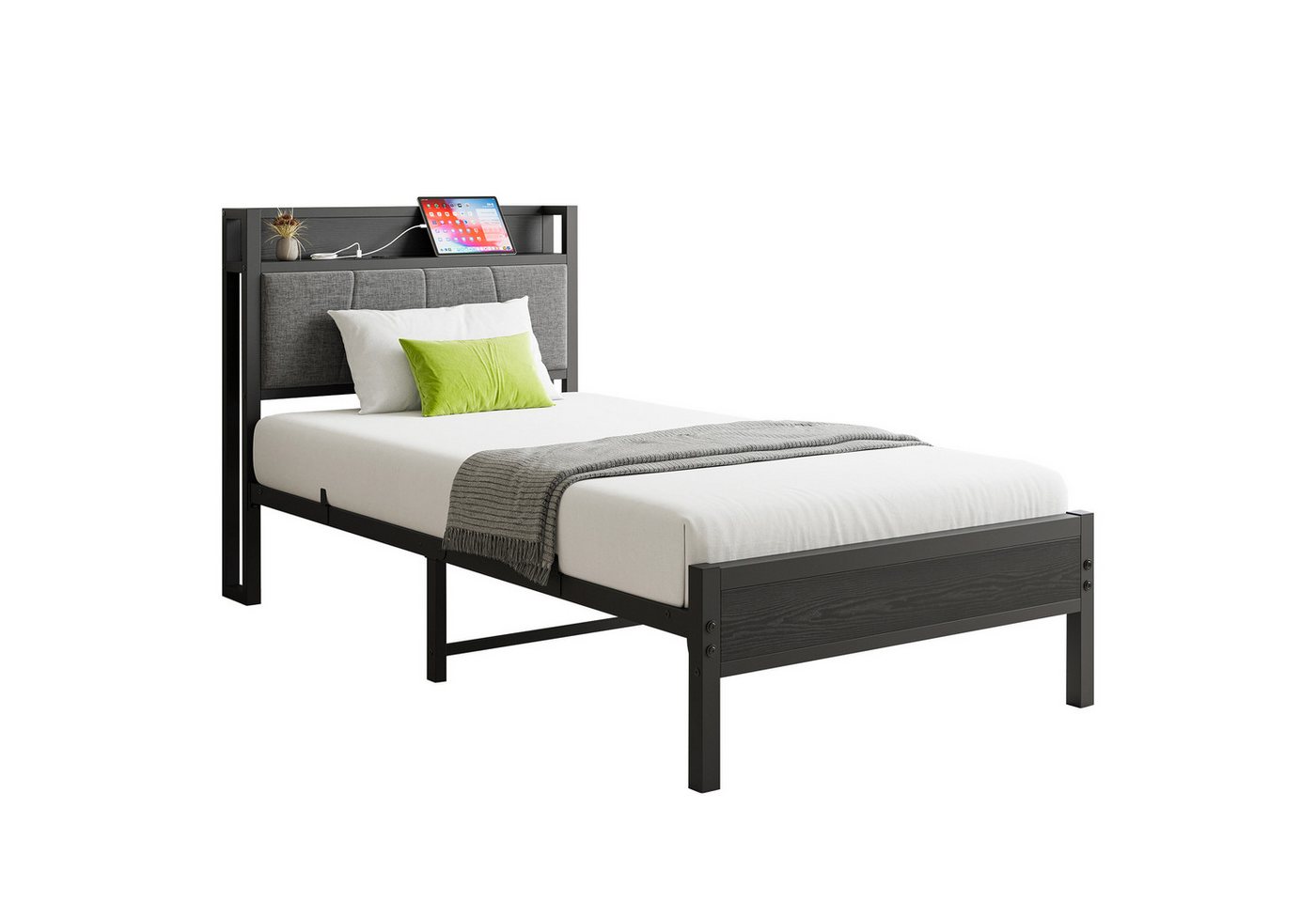 MODFU Metallbett Robustes und stabiles Design – Bis zu 180kgTragkraft (mit 2 Steckdosen, 2 USB-Ladeanschlüssen, 90x200cm ohne Matratze), Geeignet für Kinder und verschiedene Matratzen von MODFU