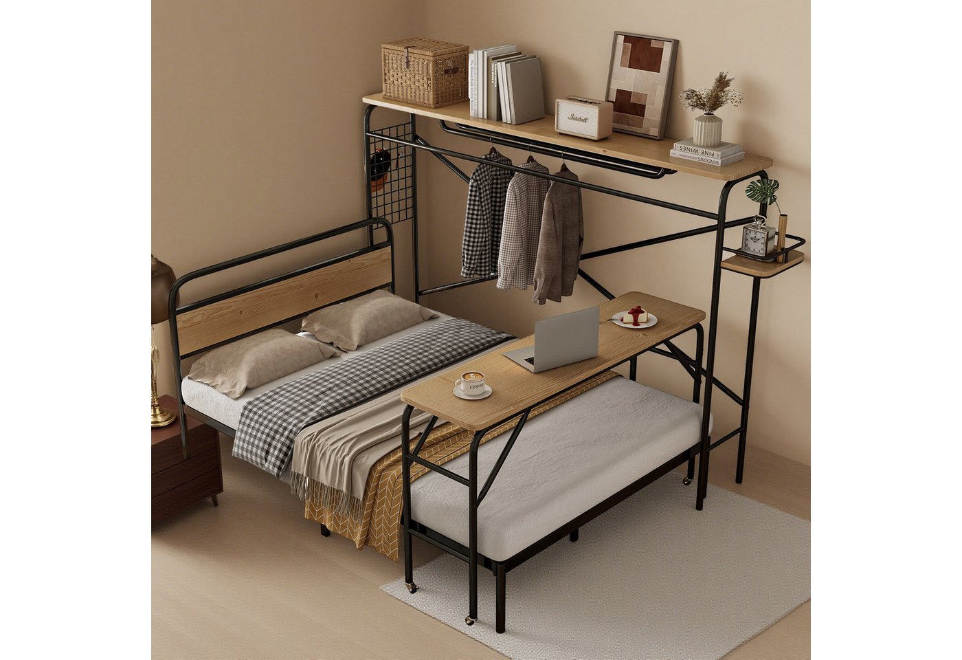 MODFU Metallbett mit Flachbetten + Tisch + Vertikalem Garderobenständer (Funktionsbett, Mobiler Tisch mit Rollen, Platzsparende Aufbewahrung, Doppelbett 140x200 cm), ohne Matratze von MODFU