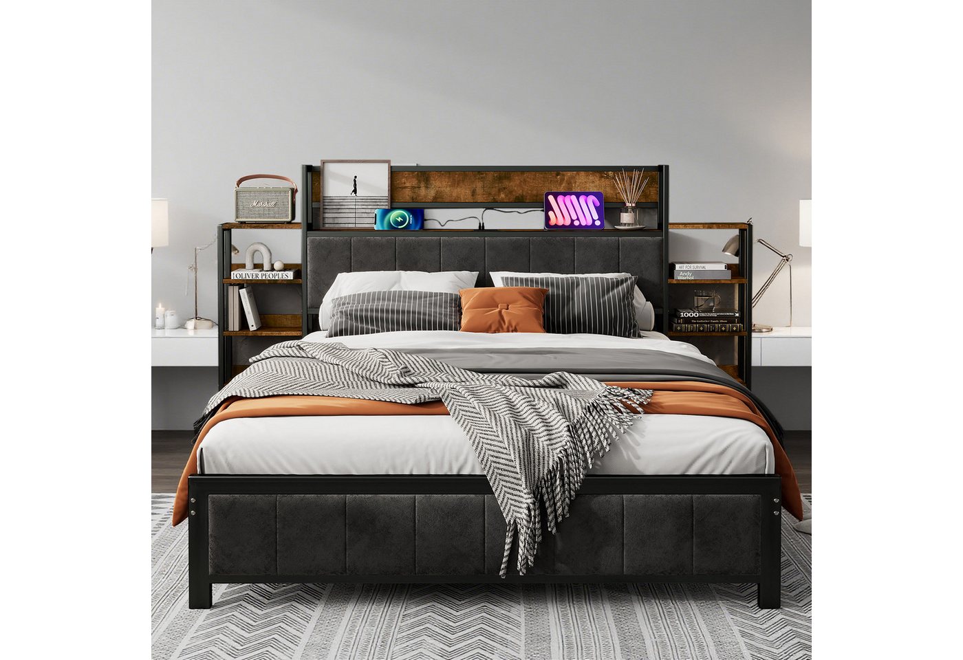 MODFU Metallbett mit Stauraum, 3 USB-Anschlüsse (Doppelbett, Kopfteil mit Regal, Dunkler Samtbezug, Stauraumbett 140x200 cm), ohne Matratze von MODFU