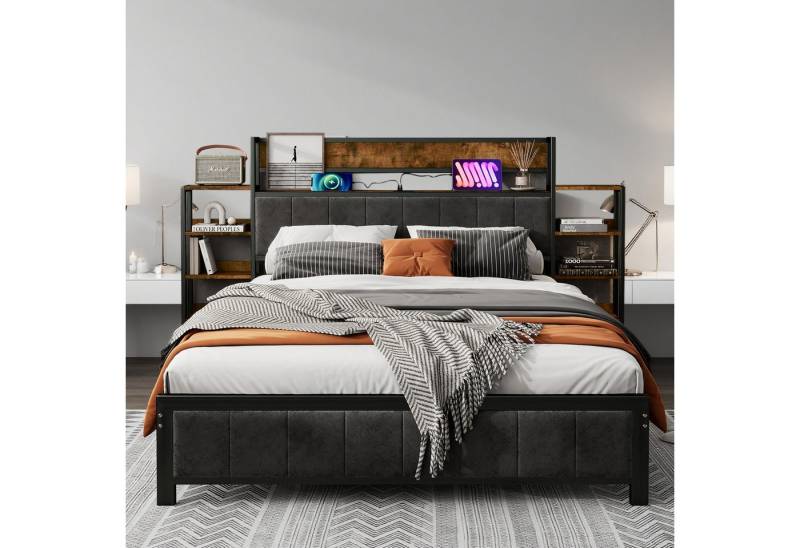 MODFU Metallbett mit Stauraum, 3 USB-Anschlüsse (Doppelbett, Kopfteil mit Regal, Dunkler Samtbezug, Stauraumbett 140x200 cm), ohne Matratze von MODFU