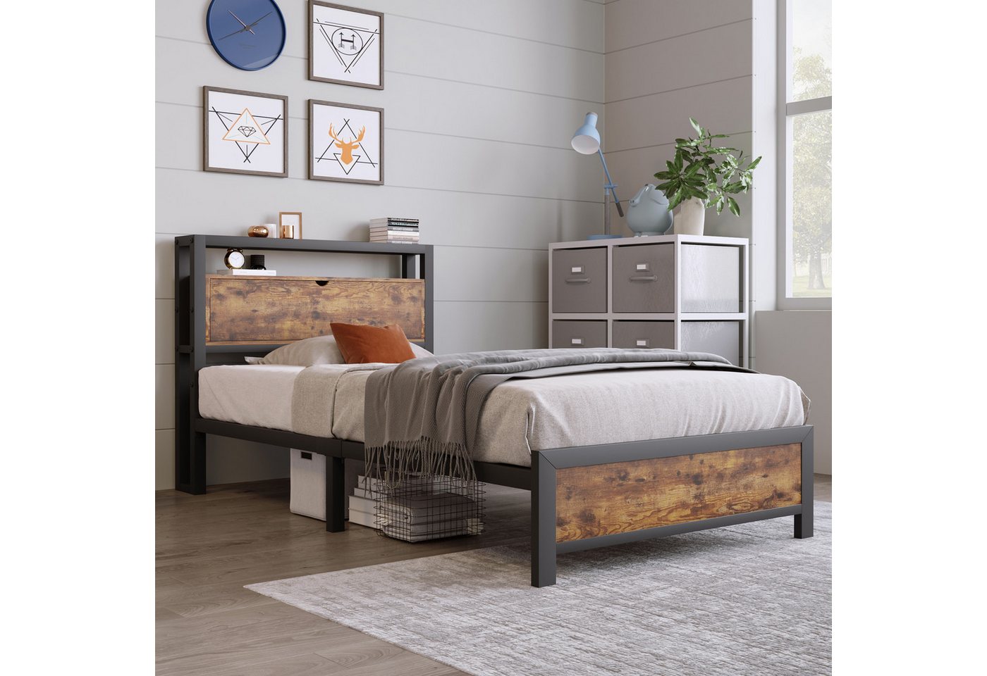 MODFU Metallbett modernes Design im Industrie-Look, platzsparend und langlebig, (100 x216x95cm,ohne-Matratze, 26,5 cm Bodenfreiheit), Metallbett mit Holzoptik MDF von MODFU