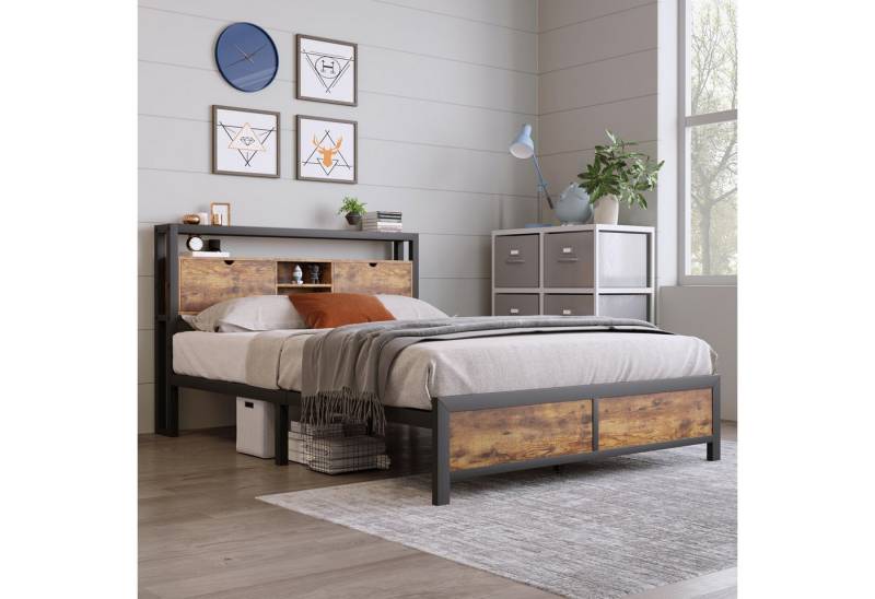 MODFU Metallbett modernes Design im Industrie-Look, platzsparend und langlebig, (145 x216x100cm,ohne-Matratze, 26,5 cm Bodenfreiheit), Metallbett mit Holzoptik MDF von MODFU