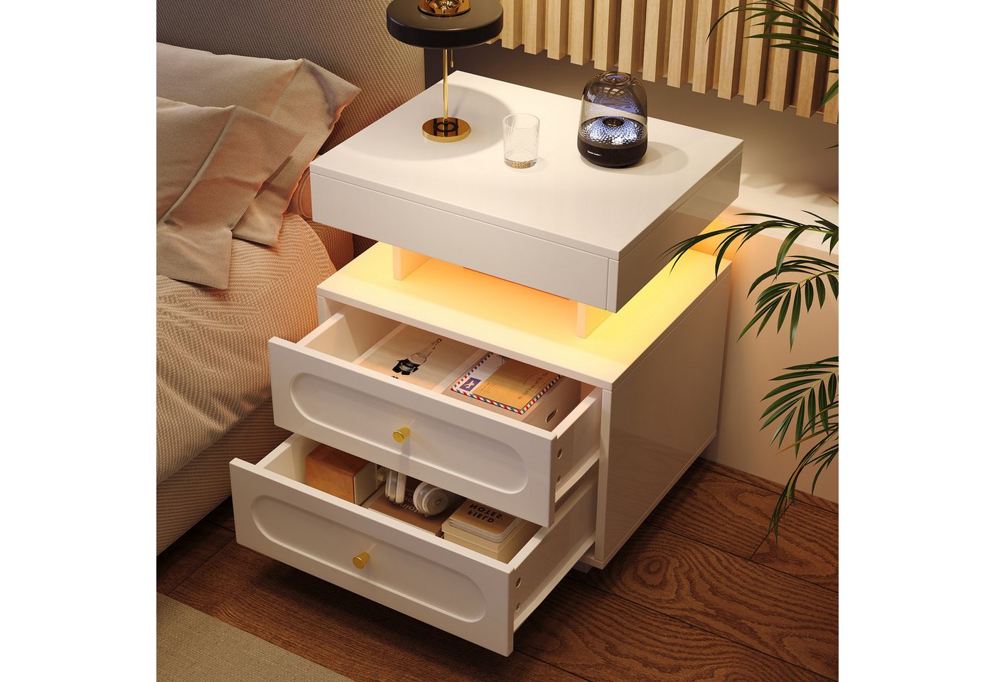 MODFU Nachttisch Nachtschrank mit LED-Beleuchtung (Nachtkommode mit 2 Schubladen, 1 offener Lagerraum, Weiß, 2-St., B50/D40/H60 cm) von MODFU