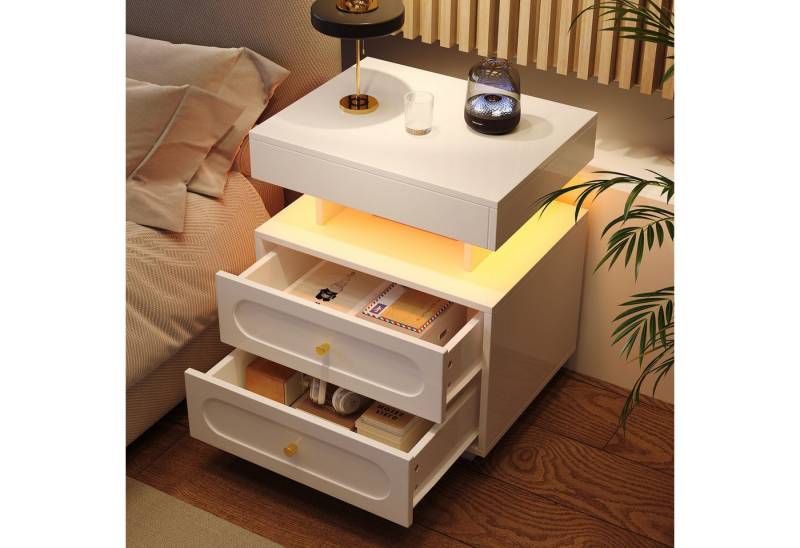 MODFU Nachttisch Nachtschrank mit LED-Beleuchtung (Nachtkommode mit 2 Schubladen, 1 offener Lagerraum, Weiß, 2-St., B50/D40/H60 cm) von MODFU