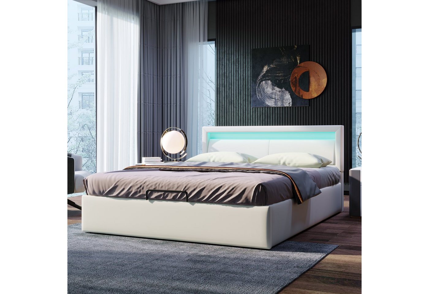 MODFU Polsterbett 140*200cm LED-Bett,mit Lattenrost und Stauraum, mit beleuchtetem, mit beleuchtetem Kopfteil in diversen Farben von MODFU