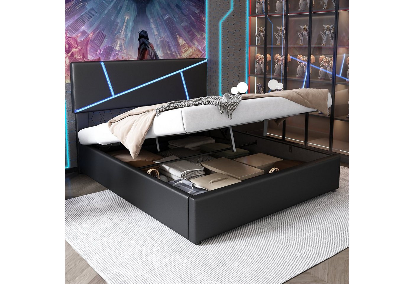 MODFU Polsterbett Bequemes (mit LED-Lichtleisten,160x200 cm, Doppelbett mit Lattenrost, Rückenlehne, Hydraulisches Funktionsbett, Synthetisches Leder), Schwarz von MODFU