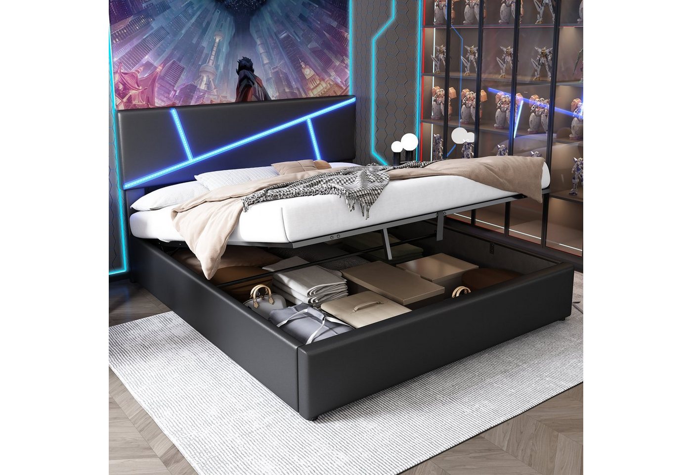 MODFU Polsterbett Bequemes (mit LED-Lichtleisten,180*200 cm, Doppelbett mit Lattenrost, Rückenlehne, Hydraulisches Funktionsbett, Synthetisches Leder), Schwarz von MODFU