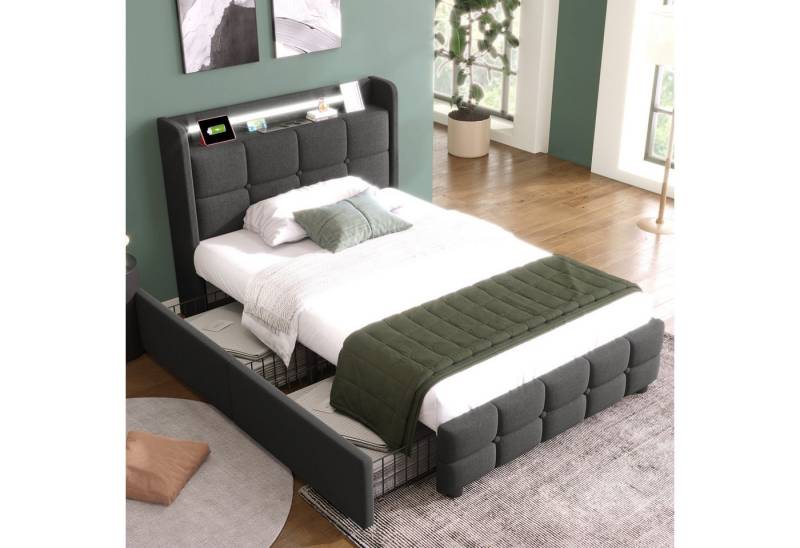 MODFU Polsterbett Bett mit Bettgestell (mit aufladen USB Ladefunktion LED-Beleuchtung und 2 Schubladen, 90 x 200 cm Inklusive-Matratze) von MODFU