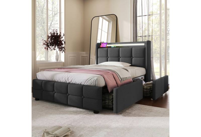 MODFU Polsterbett Bett mit Bettgestell (mit aufladen USB Ladefunktion LED-Beleuchtung und 4 Schubladen, 140 x 200 cm ohne-Matratze) von MODFU
