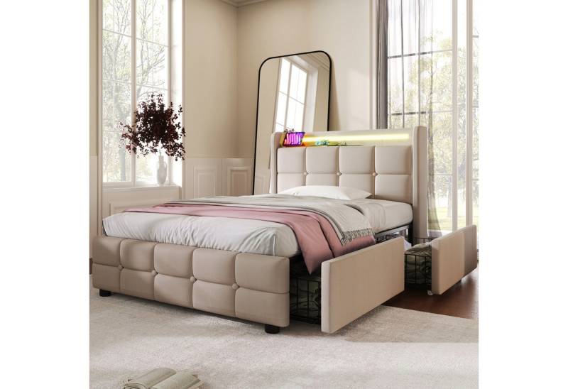 MODFU Polsterbett Bett mit Bettgestell (mit aufladen USB Ladefunktion LED-Beleuchtung und 4 Schubladen, 140x 200 cm Inklusive Matratze) von MODFU