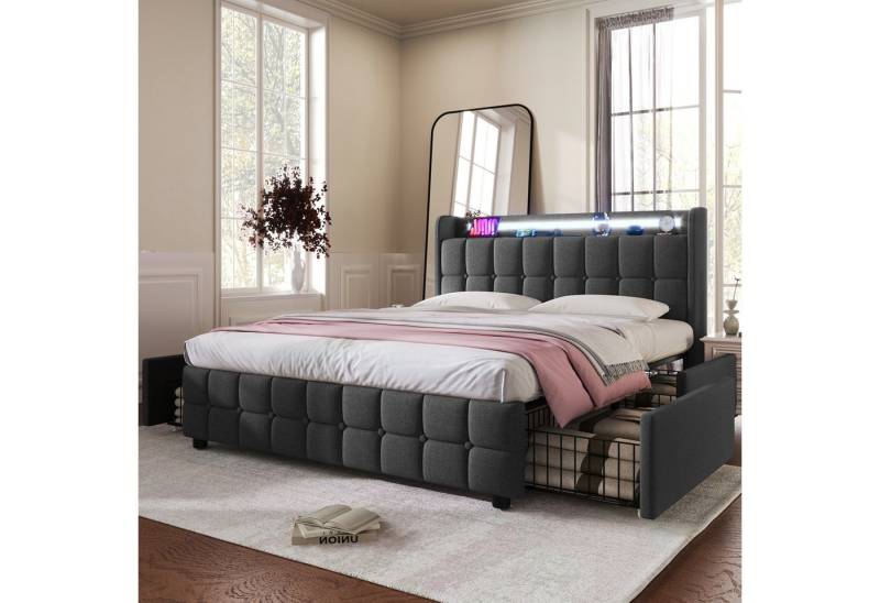 MODFU Polsterbett Bett mit Bettgestell (mit aufladen USB Ladefunktion LED-Beleuchtung und 4 Schubladen, 160 x 200 cm Ohne matratze) von MODFU