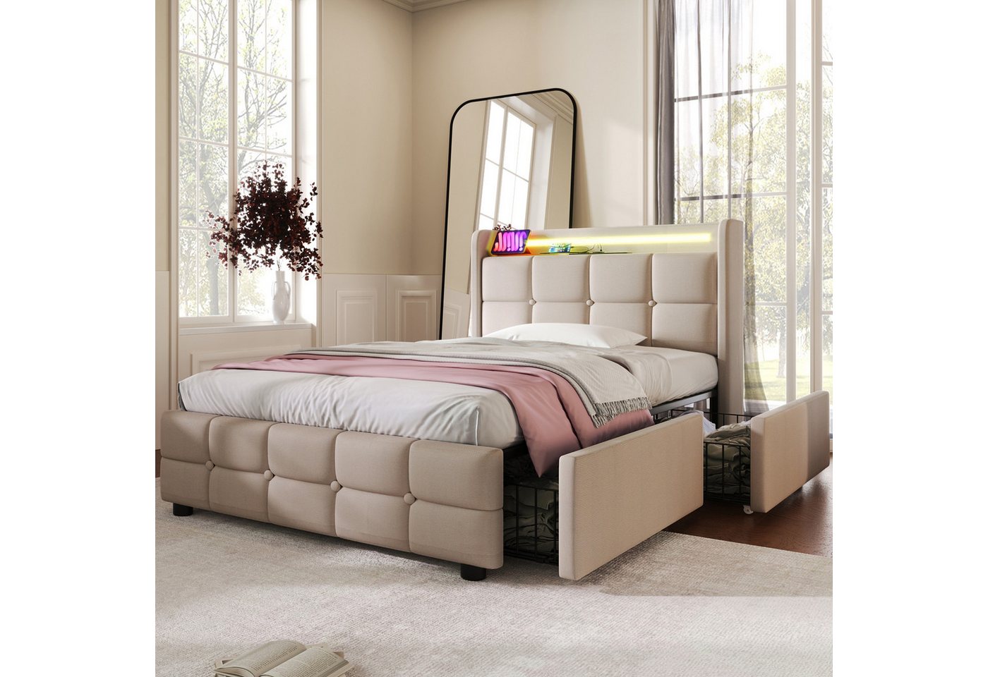 MODFU Polsterbett Bett mit Bettgestell (mit aufladen USB Ladefunktion LED-Beleuchtung und 4 Schubladen, 160 x 200 cm Ohne matratze) von MODFU