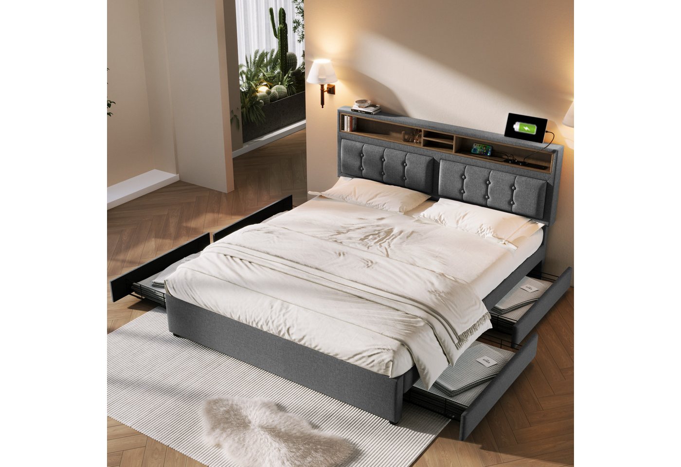 MODFU Polsterbett Bett mit USB-Typ-C-Anschluss und Steckdose (143x204x92-104CM,Inklusive-Matratze(H20cm), Lattenrost aus Massivholz), mit 4 Schubladen & Kopfteil-Fächern von MODFU