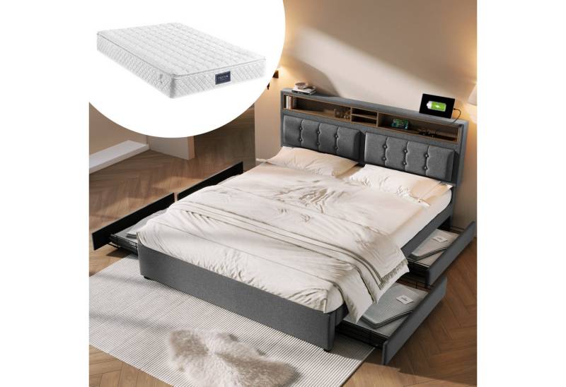 MODFU Polsterbett Bett mit USB-Typ-C-Anschluss und Steckdose (143x204x92-104CM,Inklusive-Matratze(H25cm), Lattenrost aus Massivholz), mit 4 Schubladen & Kopfteil-Fächern von MODFU