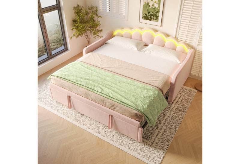 MODFU Polsterbett Daybett Funktionsbett (Multifunktionales Samt-Tagesbett 90x200 cm mit ausziehbarem Doppelbett 180x200 cm, LED-Beleuchtung und Fernbedienung), ohne Matratze von MODFU
