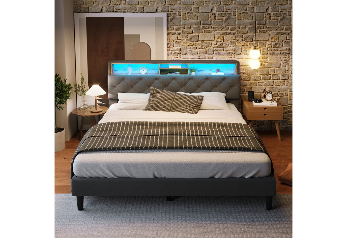 MODFU Polsterbett Doppelbett (140x200cm ohne-Matratze, 1-tlg), Mit LED-Beleuchtung von MODFU