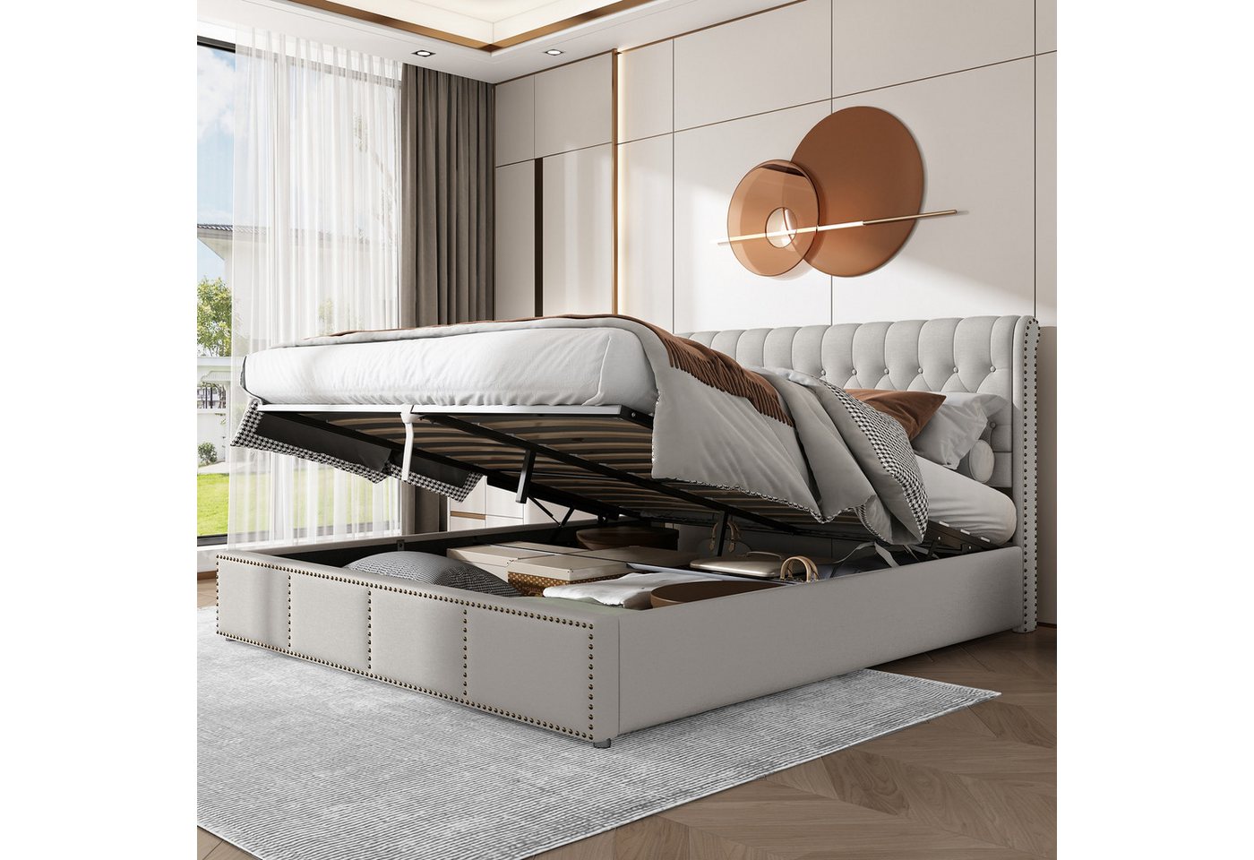 MODFU Polsterbett Doppelbett (160 x 200 cm, ohne Matratze), Baumwolle-Leinen, mit Hydraulikhebel, Aufbewahrung von Bettkästen, Beige von MODFU