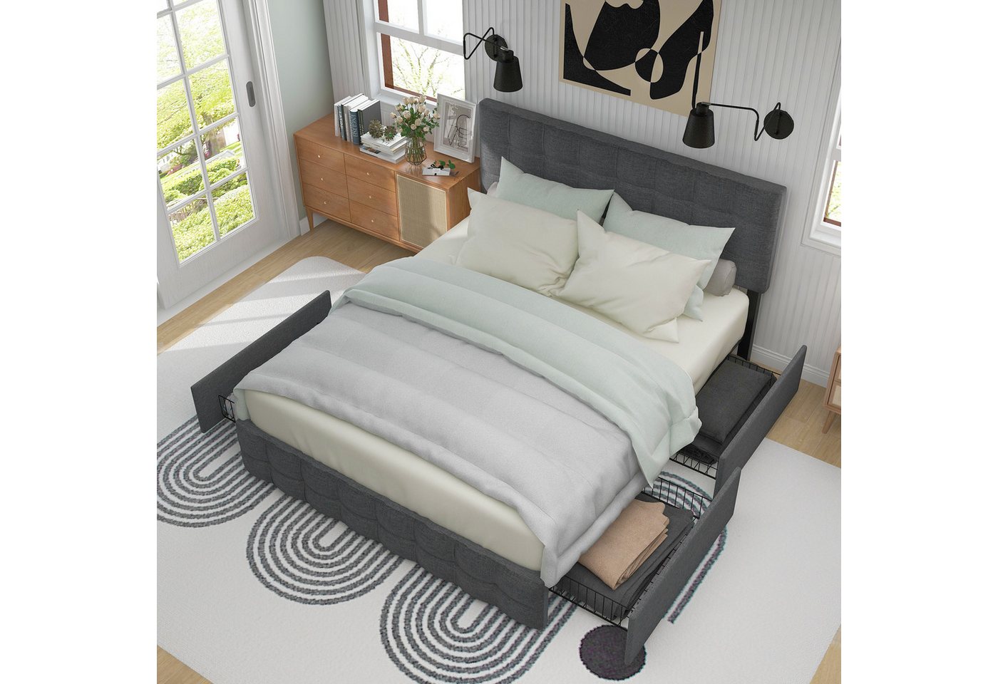 MODFU Polsterbett Doppelbett Bett Funktionsbett + 4 Schubladen ohne Matratze (mit Bettstauraum höhenverstellbares Kopfteil) von MODFU