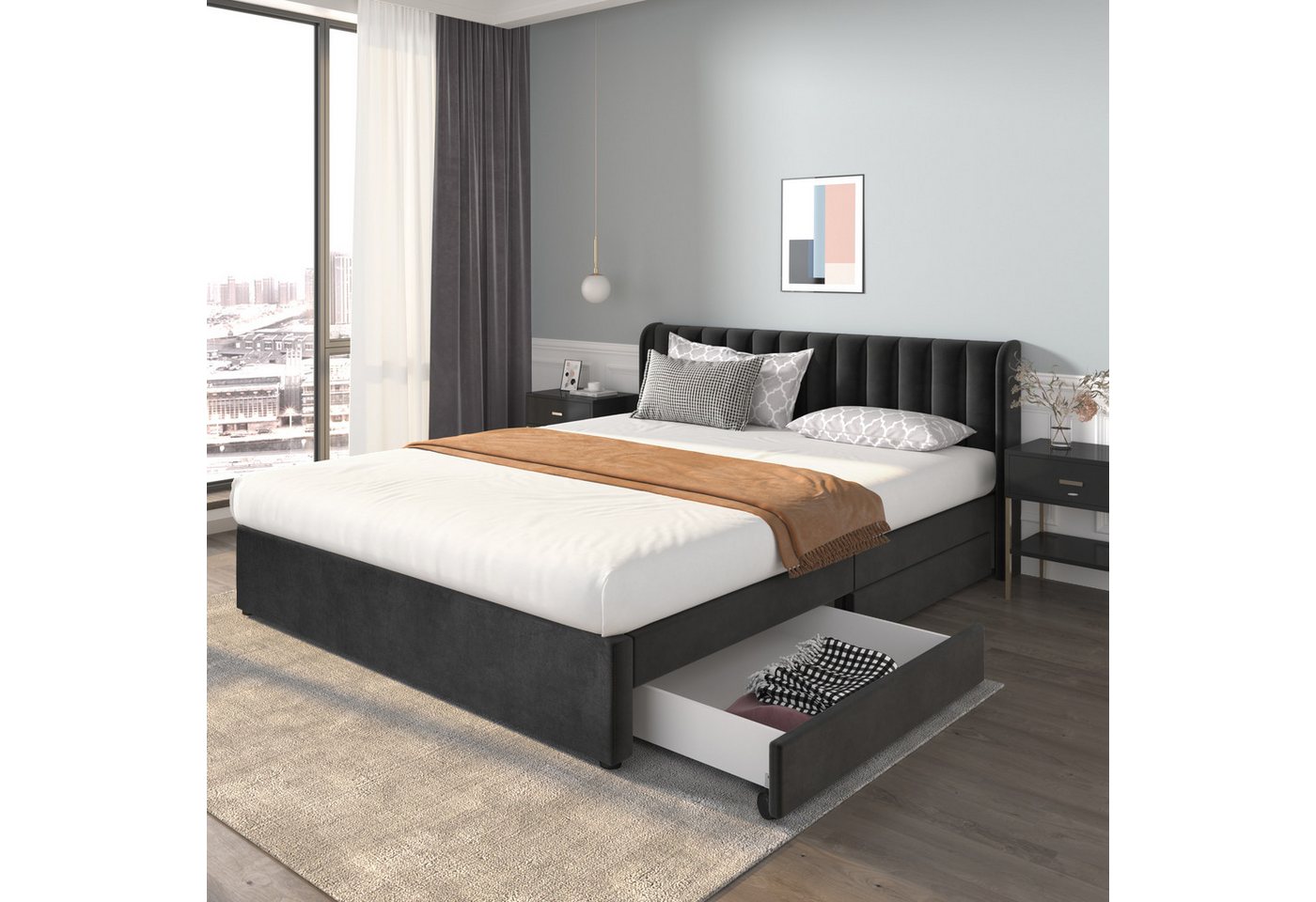 MODFU Polsterbett Doppelbett Stauraumbett Bett mit Lattenrost ohne Matratze (180 x 200 cm), Schlichter und stilvoller Samt-Look von MODFU