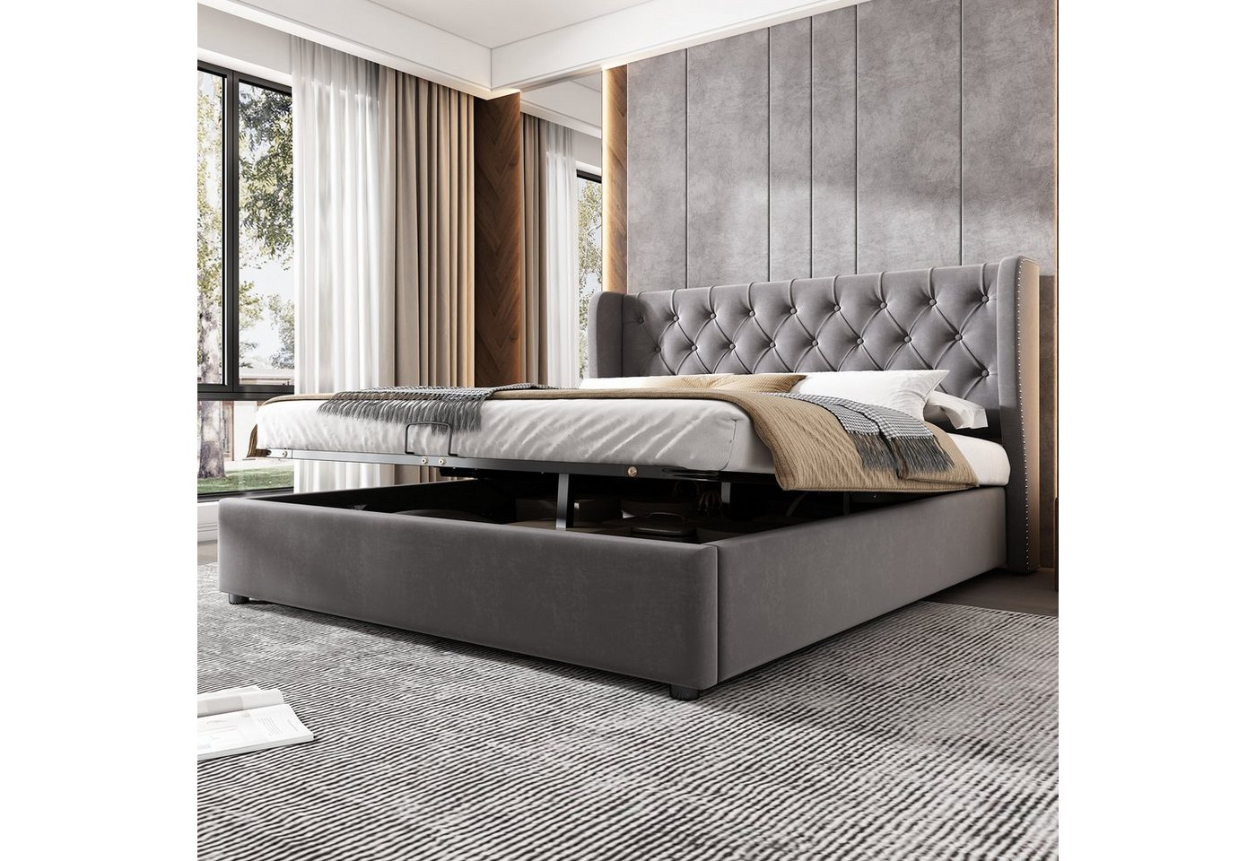 MODFU Polsterbett Doppelbett mit Bettkasten gepolstertem Kopfteil (Massivholz Untergestell mit Hydraulisch anhebbarer Bettstauraum, Samt Bezug Funktionsbett mIt Staufächer 140x200 cm Ohne Matratze), mit weichem Kopfteil Schaum-Polsterung Ohrenform Große Knopfnähte von MODFU