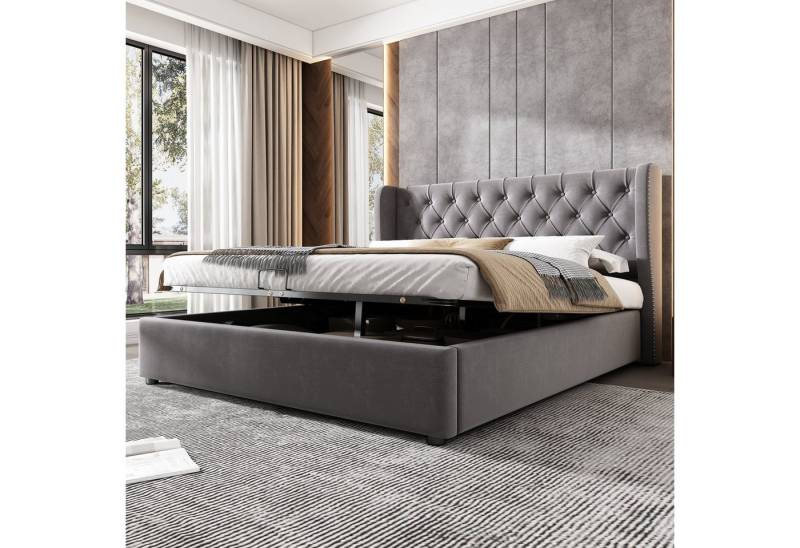 MODFU Polsterbett Doppelbett mit Bettkasten gepolstertem Kopfteil (Massivholz Untergestell mit Hydraulisch anhebbarer Bettstauraum, Samt Bezug Funktionsbett mIt Staufächer 140x200 cm Ohne Matratze), mit weichem Kopfteil Schaum-Polsterung Ohrenform Große Knopfnähte von MODFU