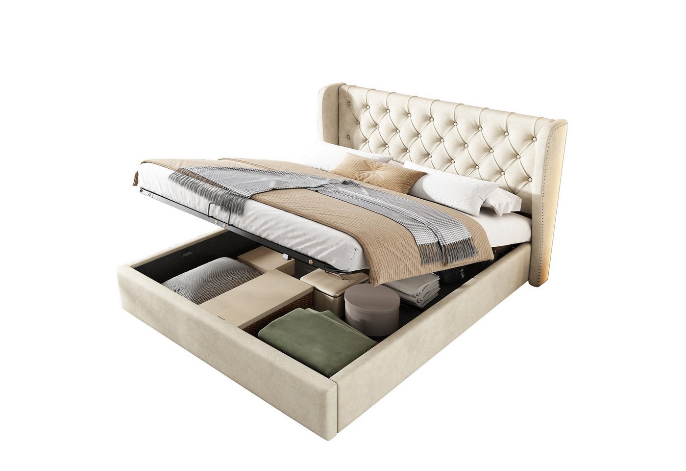 MODFU Polsterbett Doppelbett mit Bettkasten gepolstertem Kopfteil (Massivholz Untergestell mit Hydraulisch anhebbarer Bettstauraum, Samt Bezug Funktionsbett mIt Staufächer 160x200 cm Ohne Matratze), mit weichem Kopfteil Schaum-Polsterung Ohrenform Große Knopfnähte von MODFU