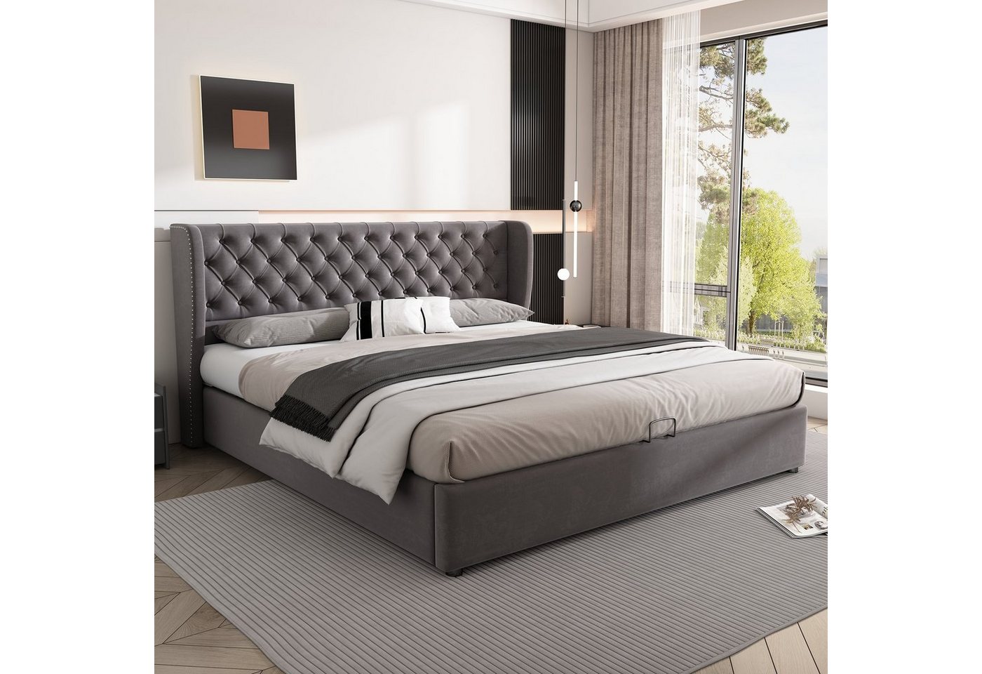 MODFU Polsterbett Doppelbett mit Bettkasten gepolstertem Kopfteil (Massivholz Untergestell mit Hydraulisch anhebbarer Bettstauraum, Samt Bezug Funktionsbett mIt Staufächer 160x200 cm Ohne Matratze), mit weichem Kopfteil Schaum-Polsterung Ohrenform Große Knopfnähte von MODFU