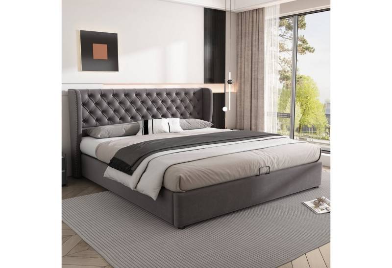 MODFU Polsterbett Doppelbett mit Bettkasten gepolstertem Kopfteil (Massivholz Untergestell mit Hydraulisch anhebbarer Bettstauraum, Samt Bezug Funktionsbett mIt Staufächer 180x200 cm mit Matratze), mit weichem Kopfteil Schaum-Polsterung Ohrenform Große Knopfnähte von MODFU