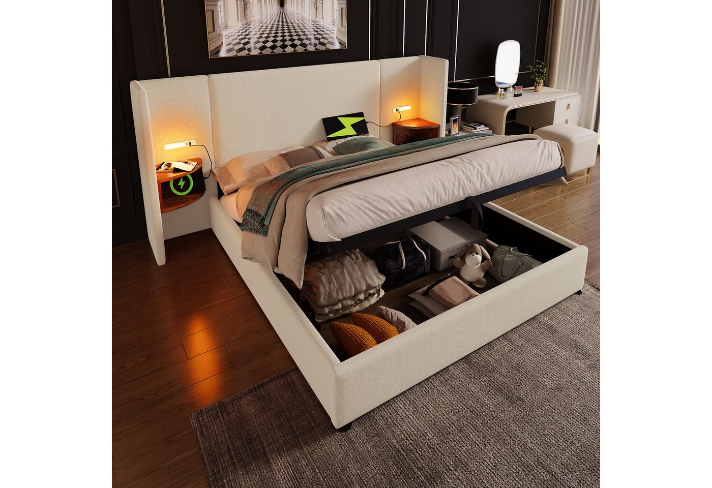 MODFU Polsterbett Doppelbett mit Nachttisch (Struraumbett, Doppelbett, Funktionsbett, 1-tlg., 160×200cm, ohne Matratze), mit Nachttisch, Leselampe und USB Type-C Ladefunktion von MODFU