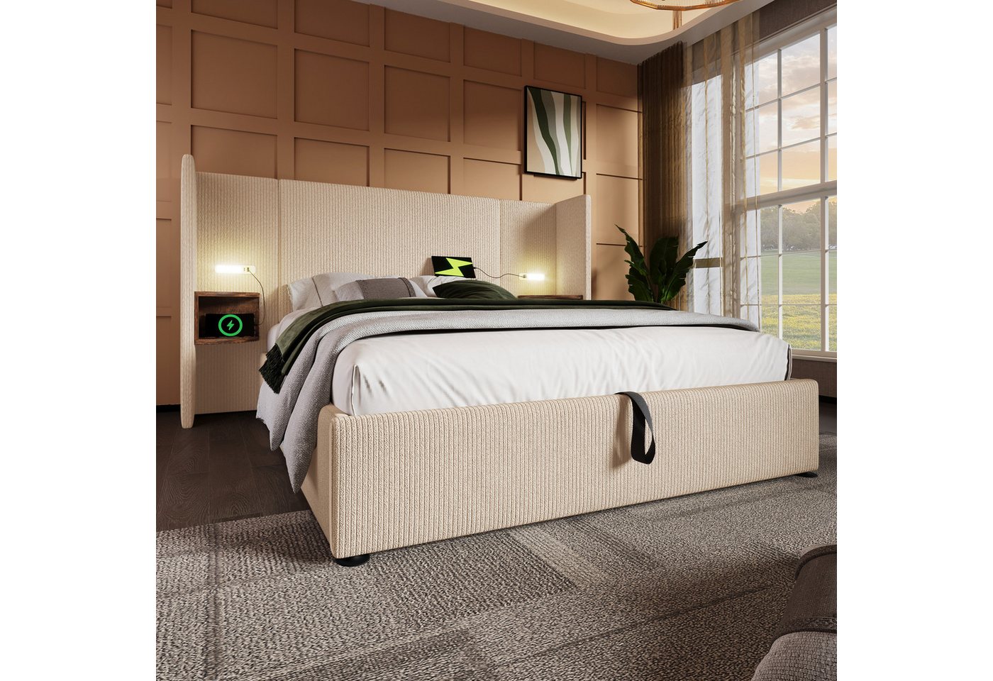 MODFU Polsterbett Doppelbett mit Nachttisch (Struraumbett, Doppelbett, Funktionsbett, 1-tlg., 160×200cm, ohne Matratze), mit Nachttisch, Leselampe und USB Type-C Ladefunktion von MODFU